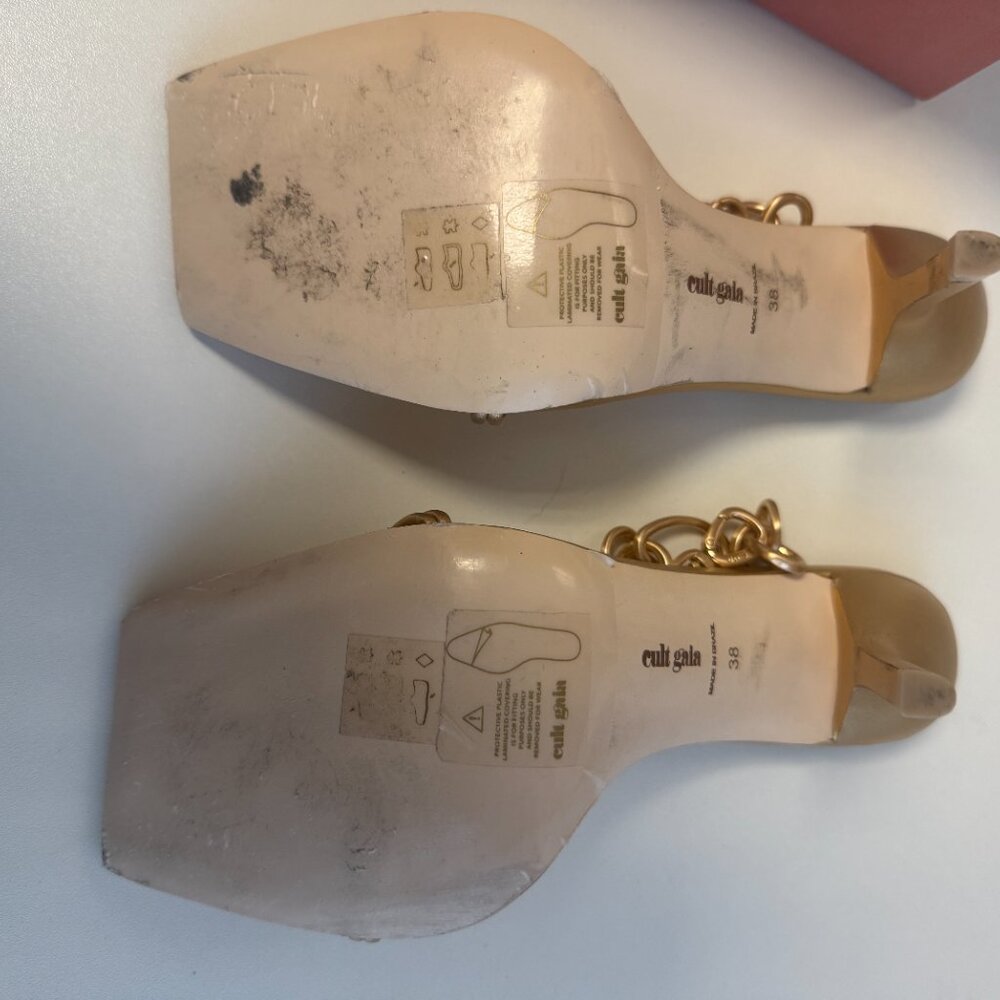 Cult Gaia Leather Chain-Link T-Strap Flat Sandal Tan/Gold Size 7.5 - Picture 6 of 7